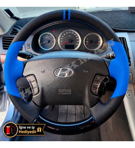 Hyundai Santa Fe Dikme Direksiyon Kılıfı Delikli Deri Parlak Siyah Mavi Detay Çift Yüzük ve Dikiş 2001-2006