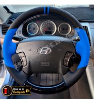 Hyundai Santa Fe Dikme Direksiyon Kılıfı Delikli Deri Parlak Siyah Mavi Detay Çift Yüzük ve Dikiş 2001-2006