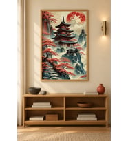 Kızıl Akçaağaçlı Pagoda Dolunay Ahşap Çerçeveli Duvar Tablosu