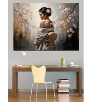 Çiçek Dalları Arasında Kimono Giyen Kadın Dekoratif Kanvas - Mdf Ahşap Tablo