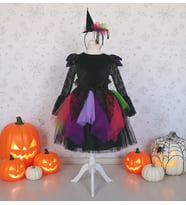 Cadı Kostümü Kız Çocuk için – Renkli Tül Etekli Halloween Elbisesi ve Taç (Siyah - Fuşya - Mor)
