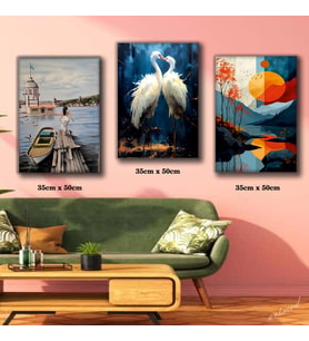 kız kulesi kadın kuğu doğa manzara resimleri 3 adet 35cmx50cm kumaş baskılı canvas tablo