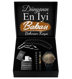 Babalar Gününe Özel Tasarım Kutu & Suni Deri Kordonlu Saat & İkili Bileklik & Kişiye Özel Çakmak & Tesbih Seti