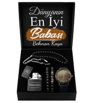 Babalar Gününe Özel Tasarım Kutu & Suni Deri Kordonlu Saat & İkili Bileklik & Kişiye Özel Çakmak & Tesbih Seti
