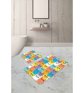 Renkli Kedili Desen Banyo Halısı Klozet Paspas Seti BS251