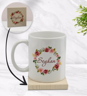 BK Gift Kişiye Özel Çiçek Tasarımlı Beyaz Kupa Bardak ve Ahşap Bardak Altlığı Hediye Seti - Model 19