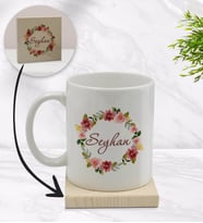 BK Gift Kişiye Özel Çiçek Tasarımlı Beyaz Kupa Bardak ve Ahşap Bardak Altlığı Hediye Seti - Model 19