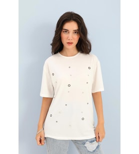 T-shirt Bisiklet Yaka Halka ve Taş Detaylı - Ekru