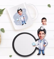 BK Gift Kişiye Özel Erkek Diş Hekimi Karikatürlü Beyaz Kupa ve Ahşap Bardak Altlığı Hediye Seti-3