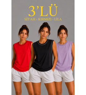 Kadın 3 lü Kolsuz Sporcu Atlet Seti Yazlık Bisiklet Yaka - Siyah, Kırmızı, Lila