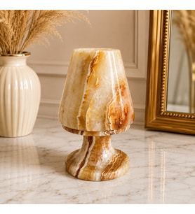Doğal Oniks Taş Mumluk 12x8 cm El Yapımı Geçmeli Mumluk Işık Geçiren Premium Dekoratif Şamdan Yemek Masası ve Özel Gün Hediyesi