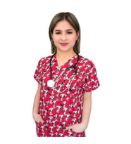 Unisex Kırmızı Snopy Desenli Likralı Doktor Hemşire Veteriner Scrubs  Cerrahi Tek Üst Forma