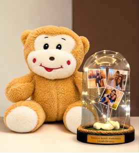 Kişiye Özel 3 Fotoğraflı ve Yazılı LED Işıklı Fanus - Peluş Maymun Hediyeli