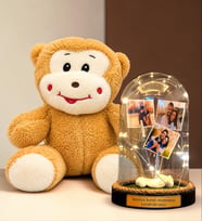 Kişiye Özel 3 Fotoğraflı ve Yazılı LED Işıklı Fanus - Peluş Maymun Hediyeli