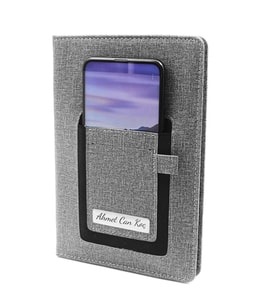 Kişiye Özel Anahtarlık & Telefon Cepli Gri Defter & Roller Kalem