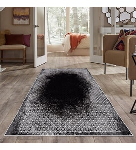 Gri Eskitme Geometrik Desen Yıkanabilir Kaymaz Taban Leke Tutmaz Modern Salon Halısı ve Yolluk (Siyah-Gri)