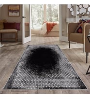 Gri Eskitme Geometrik Desen Yıkanabilir Kaymaz Taban Leke Tutmaz Modern Salon Halısı ve Yolluk (Siyah-Gri)
