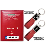 Plakanıza Özel Aston Martin Logolu Kırmızı Ruhsat Kabı ve Anahtarlık