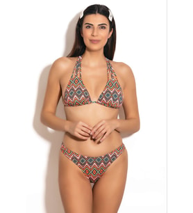 Badelina Kadın Desenli İp Askılı Üçgen Bikini Takımı Turuncu 3274-3