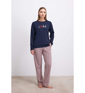 Pamuklu%100  Uzun Kol Sweatshirt ve Ekose Pantolon Pijama Takımı (Karışık)