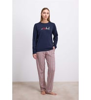 Pamuklu%100  Uzun Kol Sweatshirt ve Ekose Pantolon Pijama Takımı (Karışık)