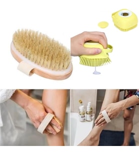 Doğal At Kılı Selülit Karşıtı Ahşap Banyo Fırçası Ve Yumuşak Silikon Jel Hazneli Duş Lifi 2 Si Bir Arada