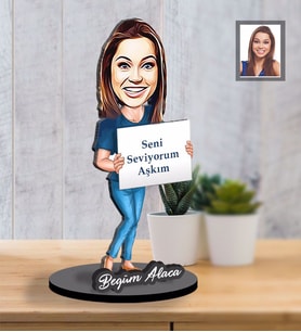 Kişiye Özel Bayan Karikatürlü İki Katmanlı Ahşap Biblo Model-12