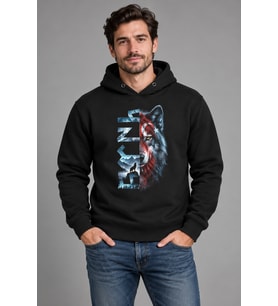 Ay Yıldız Mavi Göktürk Kurt Baskılı Siyah Kapüşonlu Cepsiz Sweatshirt