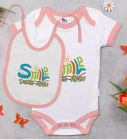 BK Kids Kişiye Özel Smile Tasarımlı Pembe Bebek Body Zıbın ve Mama Önlüğü Hediye Seti-1