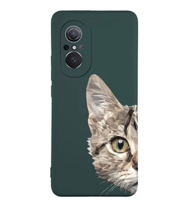 Huawei Nova 9SE Uyumlu Lansman Kılıf Catface Tasarımlı İçi Kadife Kapak-Yeşil (Şeffaf)