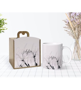 BK Gift Kişiye Özel Ahşap Kutuda Çiçek Temalı Beyaz Kupa Bardak-2