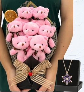 Büyük Boy 7'li Tasarım Peluş Ayıcık Buketi ve Gerçek Ametist Taşlı Lotus Kolye (Model 1)