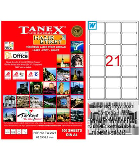 Tanex Lazer Etiket 100 Yaprak 63x38 MM Laser-Copy-Inkjet TW-2021 (20 Li Paket)