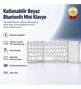Katlanabilir Beyaz Her Cihaza Bluetooth İle Uyumlu Portatif  Taşınabilir Dokunmatik Mini Klavye