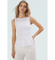 Fitted Peplum Bluz Kolsuz Bisiklet Yaka Örme Yazlık Seçkin Malzeme Yüksek Kalite (Beyaz)