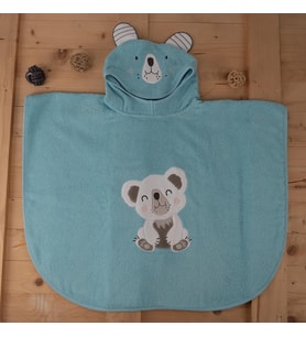 Sevimli Koala Desenli Kapüşonlu Bebek & Çocuk Panço Havlu (Turkuaz)