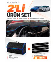 SKODA SCALA (2020-2026) Uyumlu Torpido Örtüsü + Deri Bagaj Çantası + Sticker Seti - Siyah Mavi