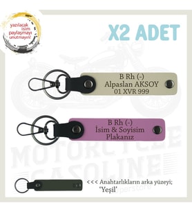 Motorcu Dostlara Özel, İsim Plaka ve B Rh (-) Kan Grubu Yazılı Deri x2 Anahtarlık, Pembe-S Kahve-Ysl (Çok Renkli)