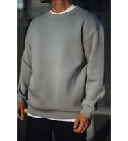 Kışlık Bisiklet Yaka Üç İplik Basic SweatShirt - Boyalı Gri
