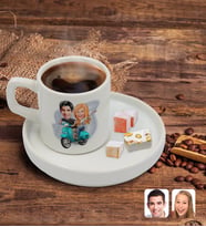 BK Gift Kişiye Özel Sunum Tabaklı Sevgililer Karikatürlü Türk Kahvesi Fincanı Model 99