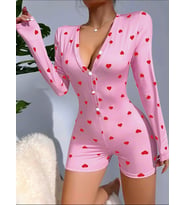 Fantezia Night Kadın Pembe Kalp Desenli Pijama Tulumu 5121