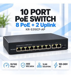 KR-S310CF-AP 8+2 Port 10/100 Mbps PoE Switch – 8 PoE + 2 Uplink, VLAN Destekli,