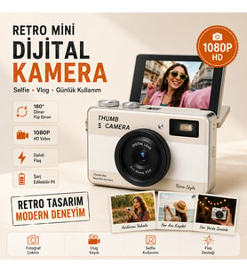 Retro Mini Dijital Kamera 1080P HD – 180° Döner Ekran, Selfie Vlog Kamerası, Dahili Flaş ve Filtre Efektleri