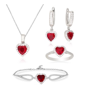 925 Ayar Gümüş Swarovski Kırmızı Kalp Takı Seti