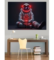 Bilgisayar Oyunu Oynayan Astronot Dekoratif Kanvas - Mdf Ahşap Tablo