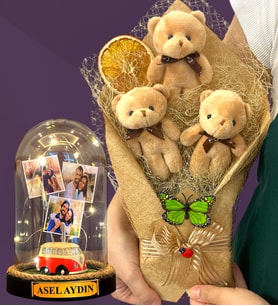 Kişiye Özel Led Işıklı Fanus ve Kahve Peluş Ayıcık Buketi - Premium Hediye Seti (Model 6)