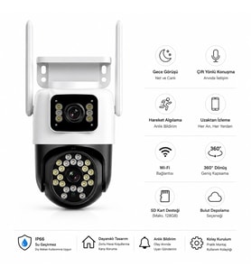 Su Geçirmez Dış Mekan Kamerası Çift Lensli Akıllı WiFi Güvenlik Kamerası 360° PTZ Dönüşlü Gece Görüşlü IP66