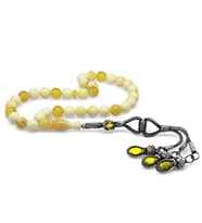 1000 Ayar Kazaz Püsküllü Küre Kesim King Seccer Beyaz-Sarı Hareli Damla Kehribar Tesbih (Sarı-Beyaz)