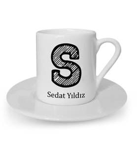 İsme Özel Kara Kalem Harf Tasarımlı Türk Kahvesi Fincanı Seti (Beyaz)