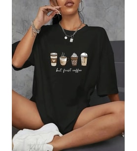 Baskılı Oversize Bisiklet Yaka T-shirt - Siyah